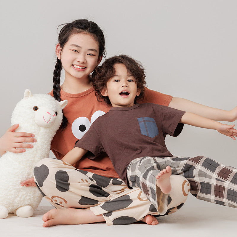 Parent-Child Cotton Homewear Summer Style Children's Short Sleeve Long Pants Set Cartoon Air Conditioning Clothing Sweat-Absorbing Printed Pajamas Couple Outfit