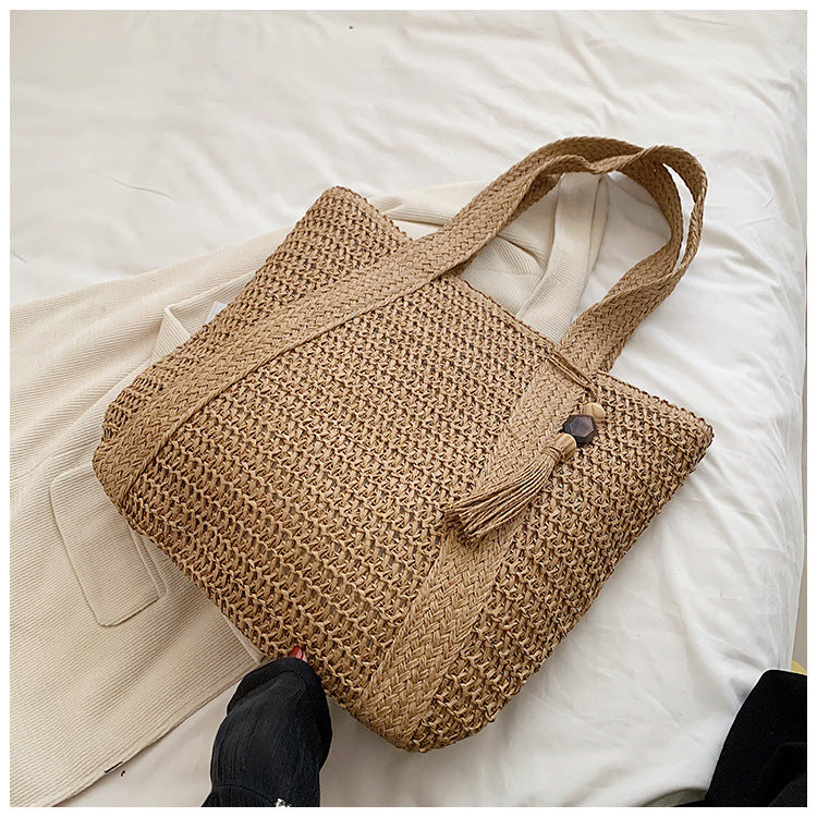 Cross-Border Hot-Selling Women's Bag Simple Large Capacity Lightweight Woven Bucket Beach Bag Trendy Straw New Handheld Shoulder Bag