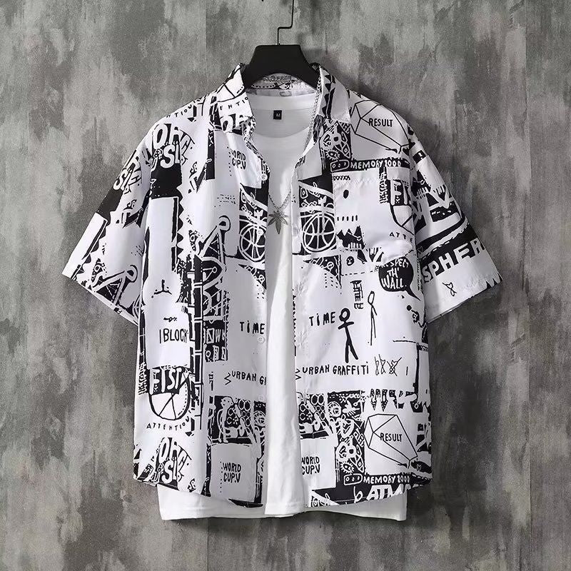 Japanese Retro Print Short Sleeve Shirt Men Letter Shirt Loose Casual Versatile Thin Short Sleeve Shirt