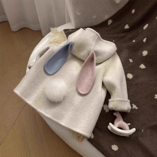 Girls' Wool Coat with Fleece Lining and Thickened2024Autumn and Winter New Cute Baby Girl Stylish Korean Children's Clothing Wool Coat
