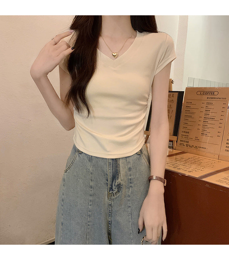 White Slim Fit Ruched t Women's Summer T-shirt2024New design with a structured shoulder and waist-cinching effect for a slimming look V Collar Short Sleeve Top