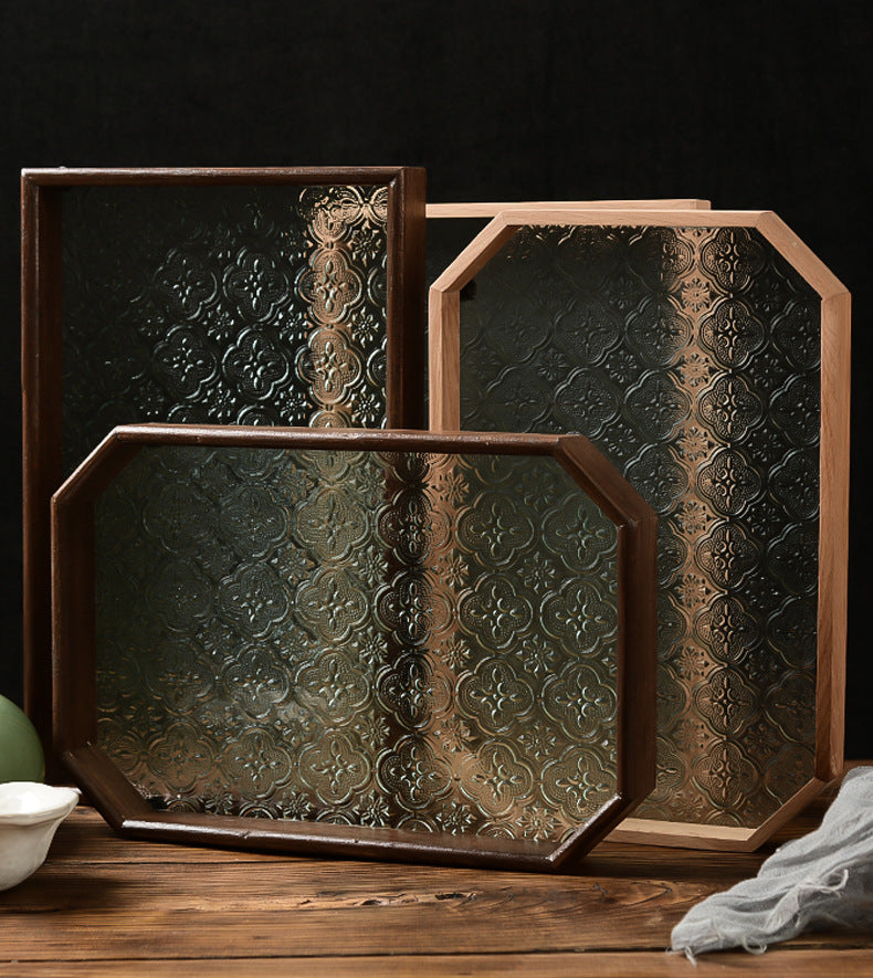 Begonia Embossed Glass Tray Walnut Color Rectangular Tea Tray Storage Ornaments Tea Water Cup Fruit Snack Plate