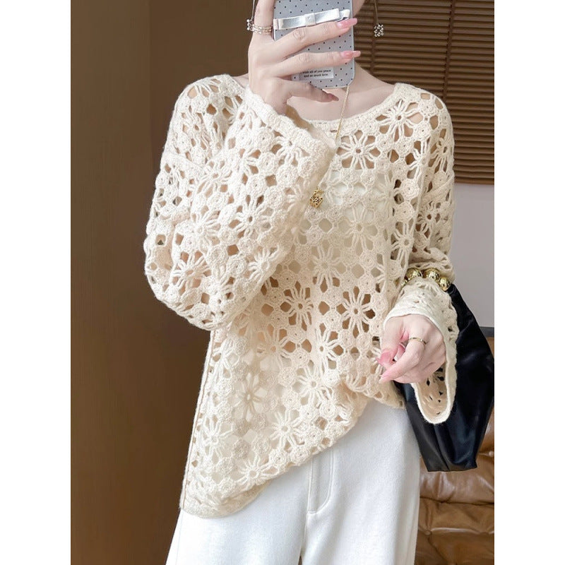 Early Autumn New Chinese Style Heavy Crochet Hollow Knit Sweater for Women100Commuting Autumn Lazy Style Sweater Cardigan
