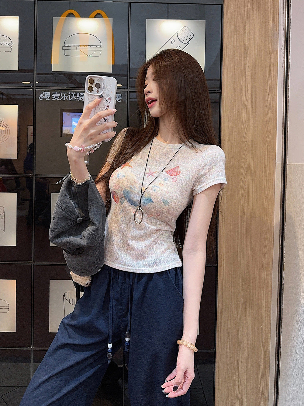 Korean Style chic Unique Youthful Dopamine Print Short Sleeve Slim Fit Round Neck Regular Shoulder Top T Women's Summer T-shirt