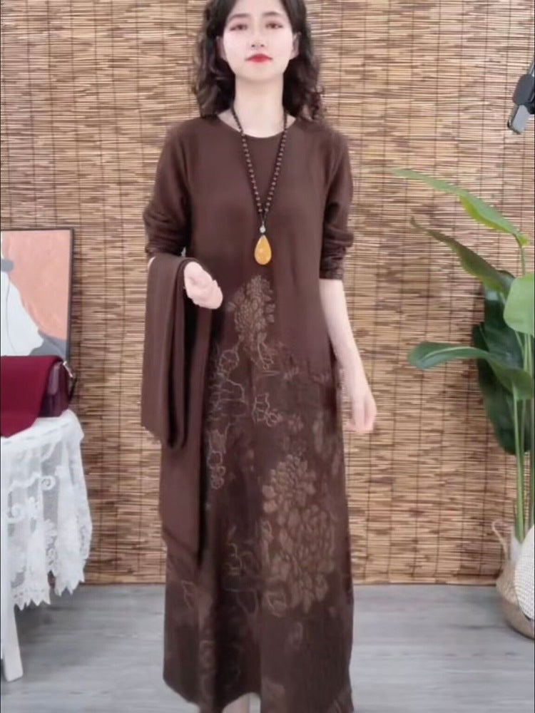 High-End Boutique New Autumn Winter Fashion Elegant Middle-Aged Women's Long Dress Slimming Dress with Scarf