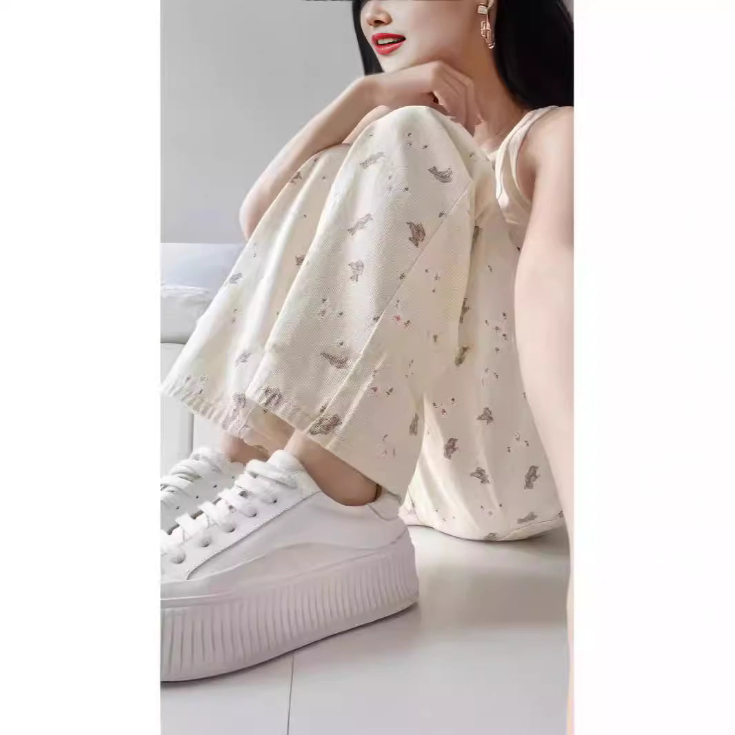 Yuejiaoer Original American Style Cartoon Bear Print Jeans for Women New Flared Loose Straight Wide-Leg Floor-Length Pants