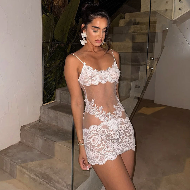 Europe and America ins Fashionable New Sexy Hot Girl Style Sheer Lace Tube Top Patchwork Bodycon Lace Dress for Women