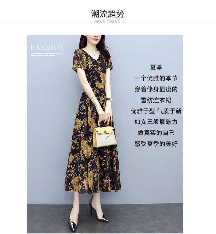 2022Summer New Chiffon Floral Dress Slimming Waist Plus Size Women mm Tummy-Covering Elegant Long Dress