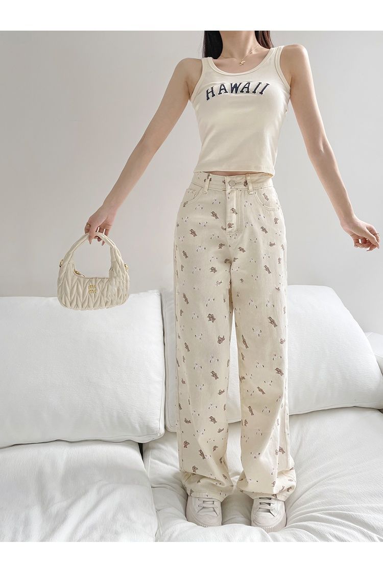 Yuejiaoer Original American Style Cartoon Bear Print Jeans for Women New Flared Loose Straight Wide-Leg Floor-Length Pants