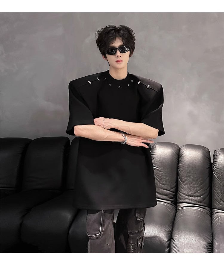 2025High-end Stylish Padded Shoulder Short Sleeve T Men's Summer Shirt with Unique Metal Decoration Design Heavyweight Top t T-shirt