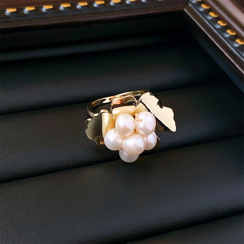 Real Gold Plated Baroque Pearl Tulip Flower Open Ring Korean Fresh Sweet Forest Style Light Luxury Jewelry