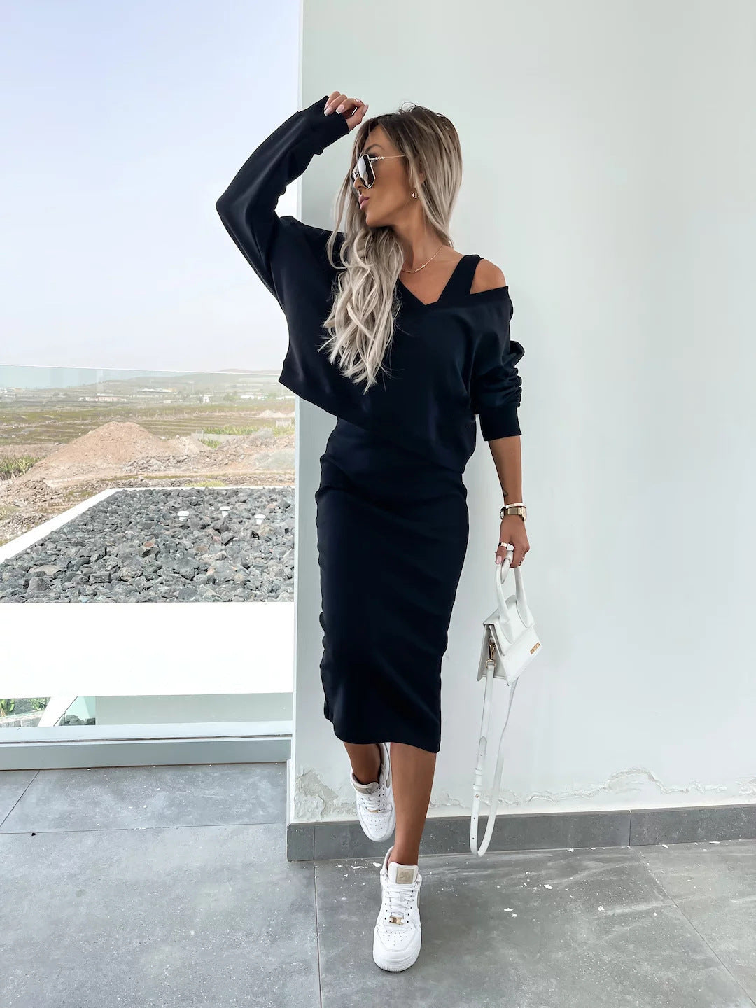 Amazon European and American Cross-Border New Spring Summer Women's Solid Color Clothing V Collar Long Sleeve Sweater Sling Slim Fit Long Dress2Set