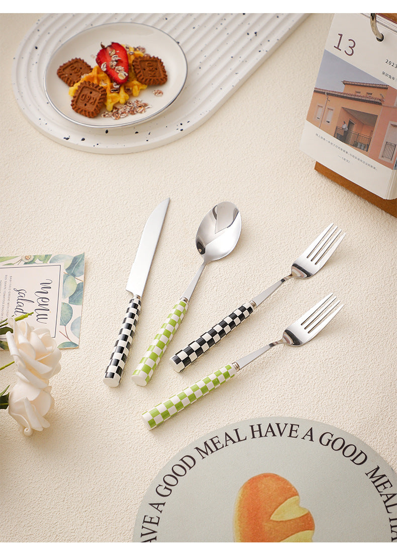ins Checkerboard Pattern Western Steak Knife and Fork Ceramic Handle Stainless Steel Fork Spoon Dessert Cutlery Set Three-Piece Set