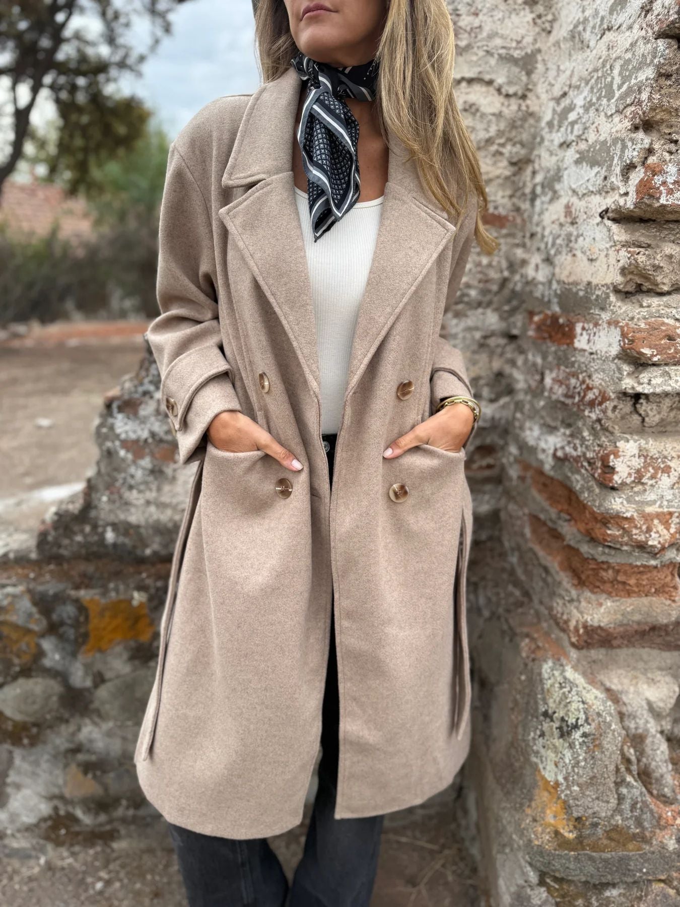 2025Amazon European and American Cross-Border Autumn Winter New Lace-Up Cardigan Casual Long Sleeve Turn-Down Collar Woolen Pocket Coat for Women