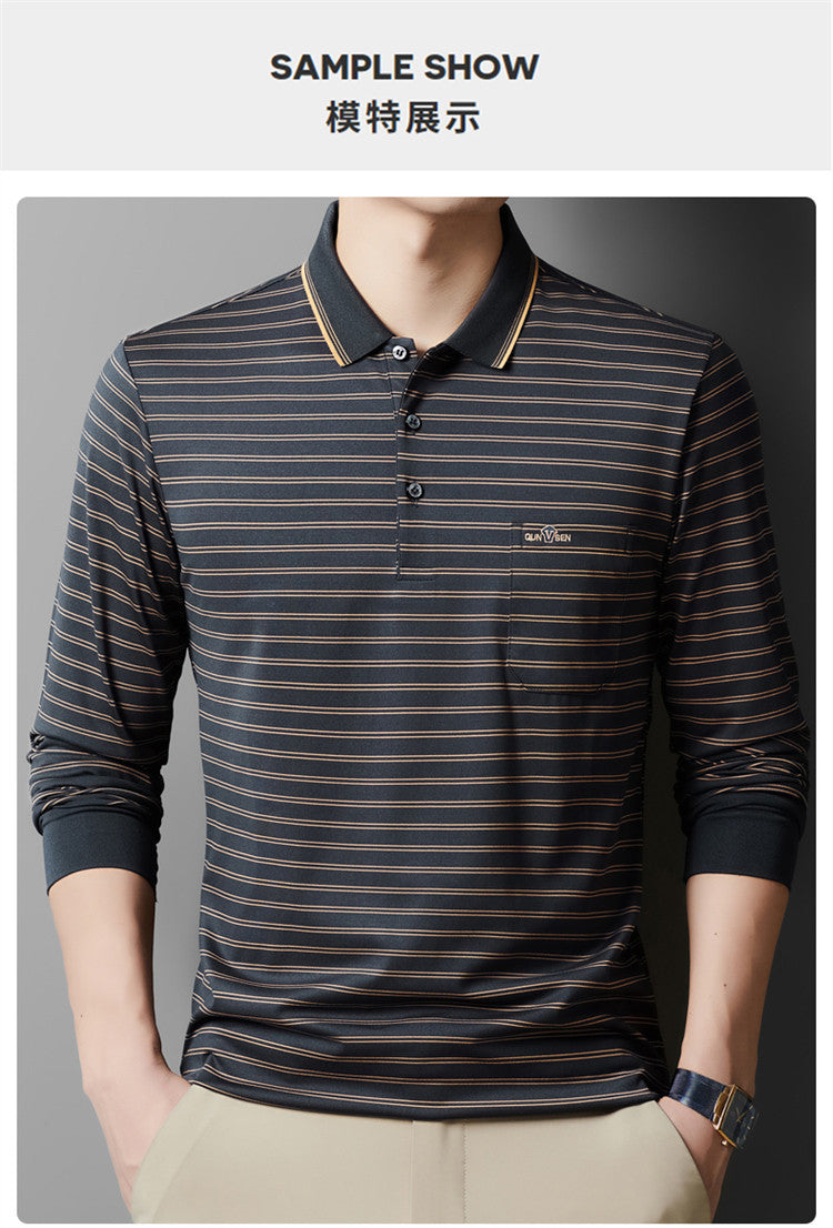 Autumn Men's Long Sleeve Cotton t Shirt for Middle-aged Dad Autumn Outfit with Turn-down Collar and Stripes POLO Base Layer Shirt T Grandpa's clothes