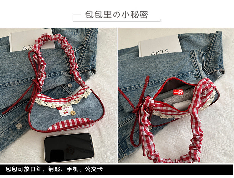 Super Popular Crossbody Bag for Women2025New Plaid Fabric Bag Wrinkled Color-Block Shoulder Bag Popular Commuter Small Square Bag