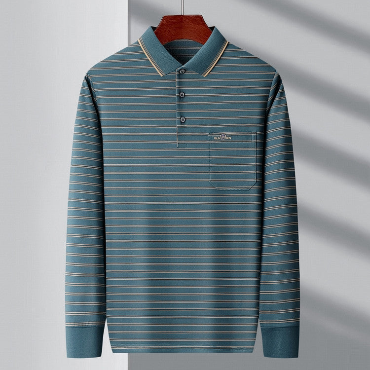 Autumn Men's Long Sleeve Cotton t Shirt for Middle-aged Dad Autumn Outfit with Turn-down Collar and Stripes POLO Base Layer Shirt T Grandpa's clothes