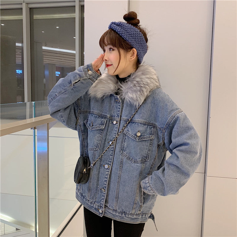 Cross-Border2022Winter New Korean Style Loose Thickened Fleece Rabbit Fur Inner Large Fur Collar Denim Jacket Women's Cotton Coat