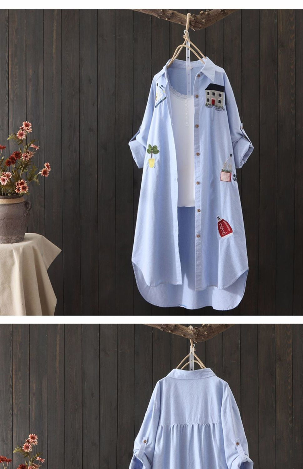 In Stock Japanese and Korean Style Spring Summer Two-Way Cotton Shirt for Women Loose Mid-Length Top Artistic Embroidery Short Sleeve Jacket