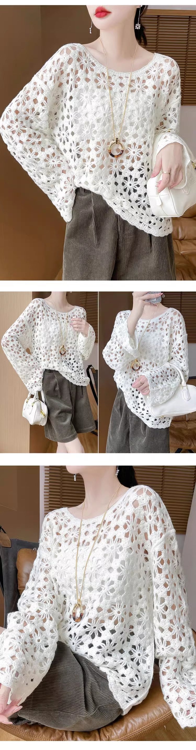 Early Autumn New Chinese Style Heavy Crochet Hollow Knit Sweater for Women100Commuting Autumn Lazy Style Sweater Cardigan