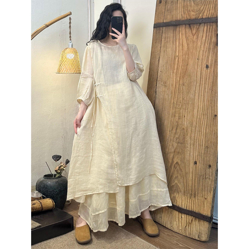 2025Summer New Retro Niche Pure Ramie Handmade Button Lace-up Light National Style Dress