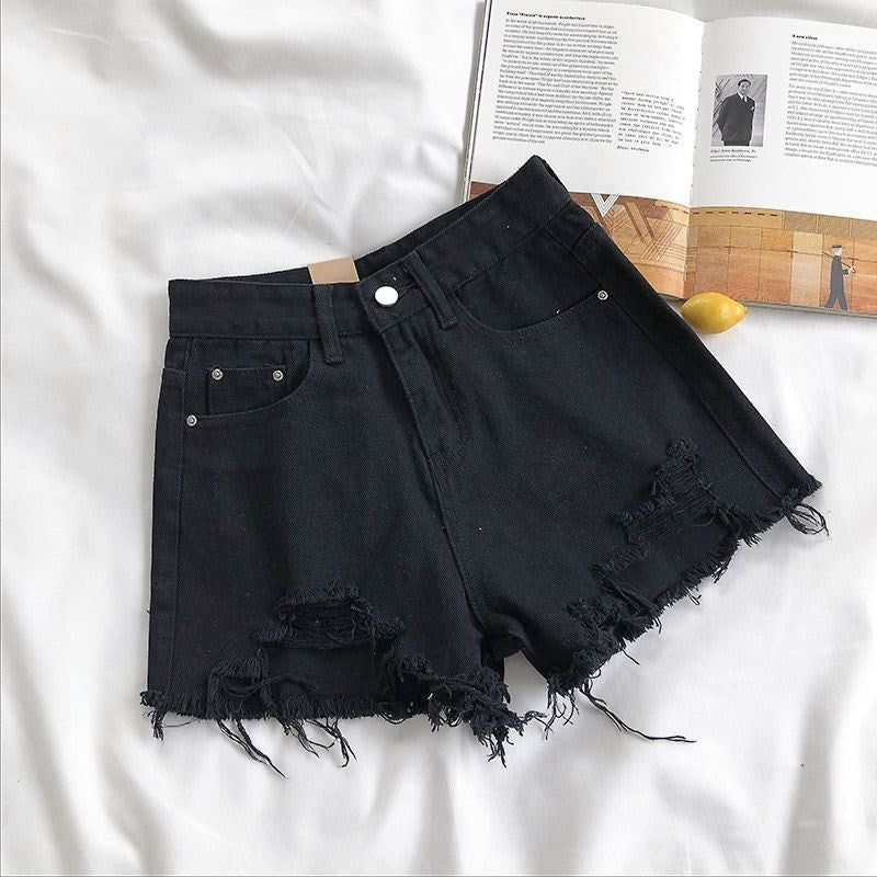 Summer Women's Korean Style New Loose Slimming Wide-Leg Hot Pants High-Waist Fashion Ripped Frayed Denim Shorts