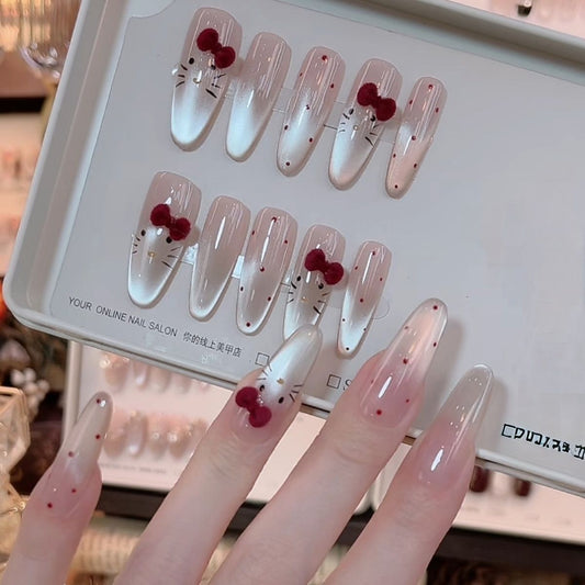【Velvet KT Cat】High-Quality Handmade Wearable Nails Nude Color High-End Feel Hand-Painted Cat Eye Brightening Nail Stickers