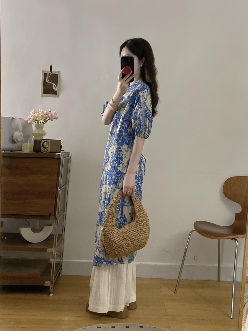 New Chinese Style National Style Set Gentle Temperament Super Beautiful Blue Floral Long Top Casual Long Pants Two-Piece Set