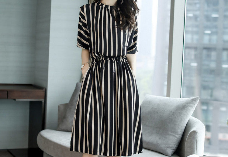 Beautiful Striped Dress2025Korean Style Lace-Up Waist-Cinching Loose Skirt Summer Mid-Length Plus Size Women's Clothing Wholesale