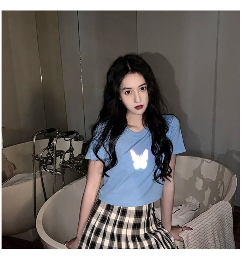 Summer2025New Year's Trendy Internet Celebrity Couple Outfit Reflective Butterfly Short Sleeve t Women's Summer T-shirt ins Super Popular Short Top