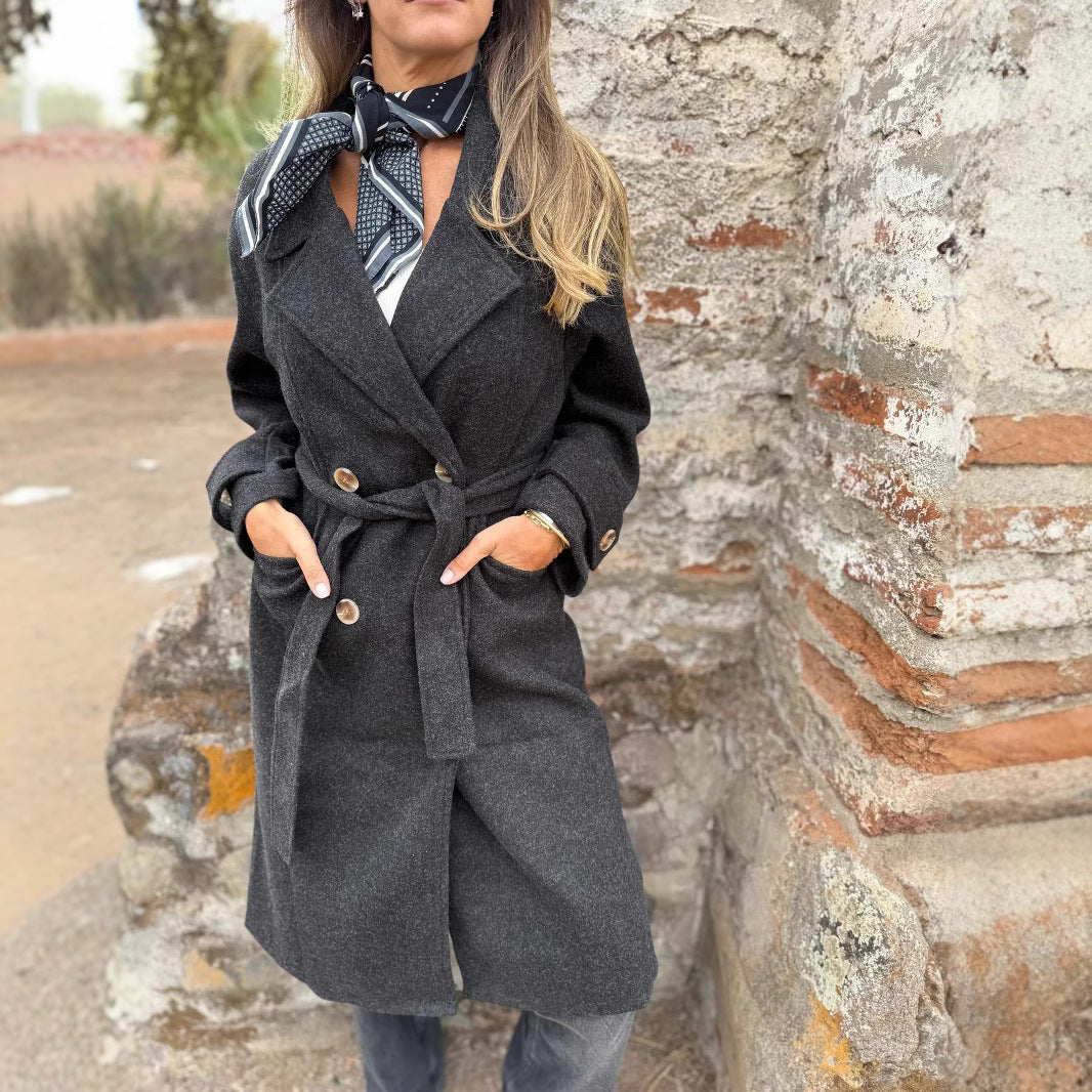 2025Amazon European and American Cross-Border Autumn Winter New Lace-Up Cardigan Casual Long Sleeve Turn-Down Collar Woolen Pocket Coat for Women