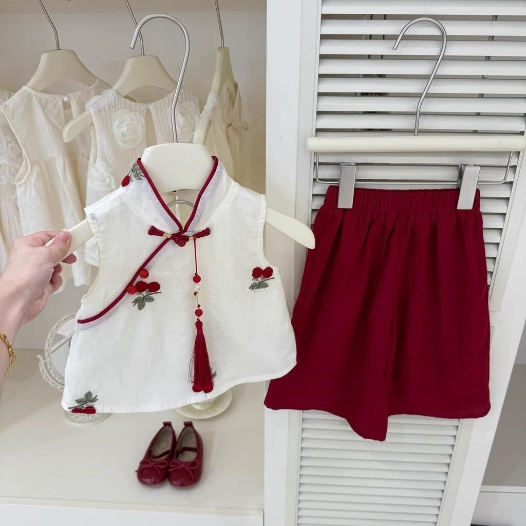 【Sweet Little Chef】Drunk Peach Blossom!Baby Girl New Chinese Style Pink Jacquard Cheongsam Straight Pants Fashionable Set