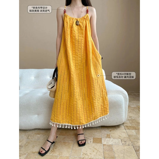 Sinan At dusk and sunset Full Grid Line Beach Vacation Tassel Beaded Strap Dress SN7536