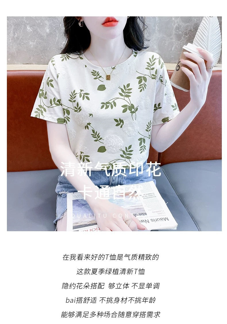 Cross-border new product milk silk round neck short-sleeved women's clothing T Floral Print Foam Base Shirt Loose Fit Women's Top