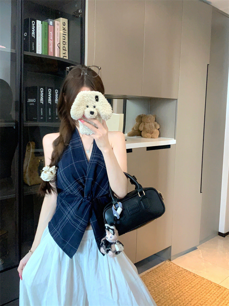 Summer2025New Korean Retro Plaid Knot Waist Slimming Elegant Halter Top Women's Camisole Trendy