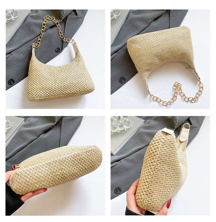 South Korea ins Vintage Woven Tote Bag Straw Bag Large Capacity Underarm Bag Shoulder Bag Vacation Style Beach Bag for Women