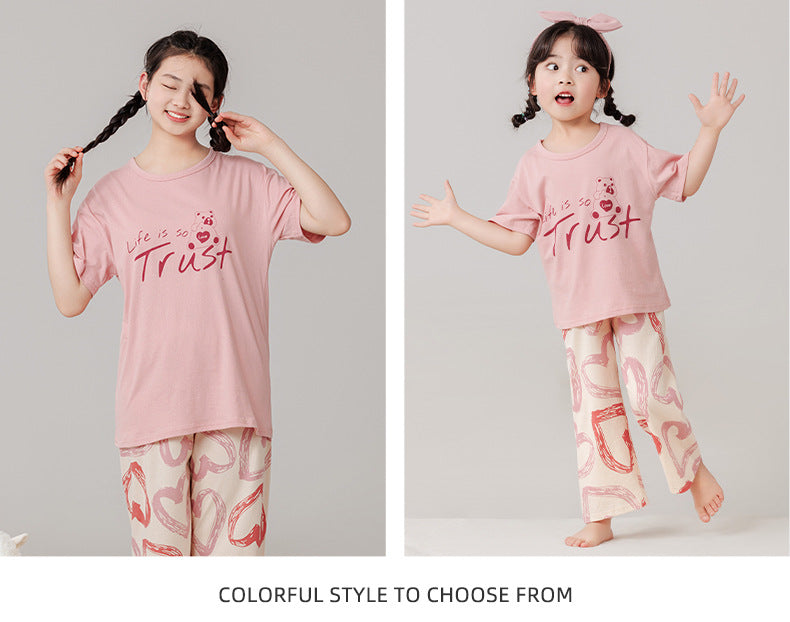 Parent-Child Cotton Homewear Summer Style Children's Short Sleeve Long Pants Set Cartoon Air Conditioning Clothing Sweat-Absorbing Printed Pajamas Couple Outfit