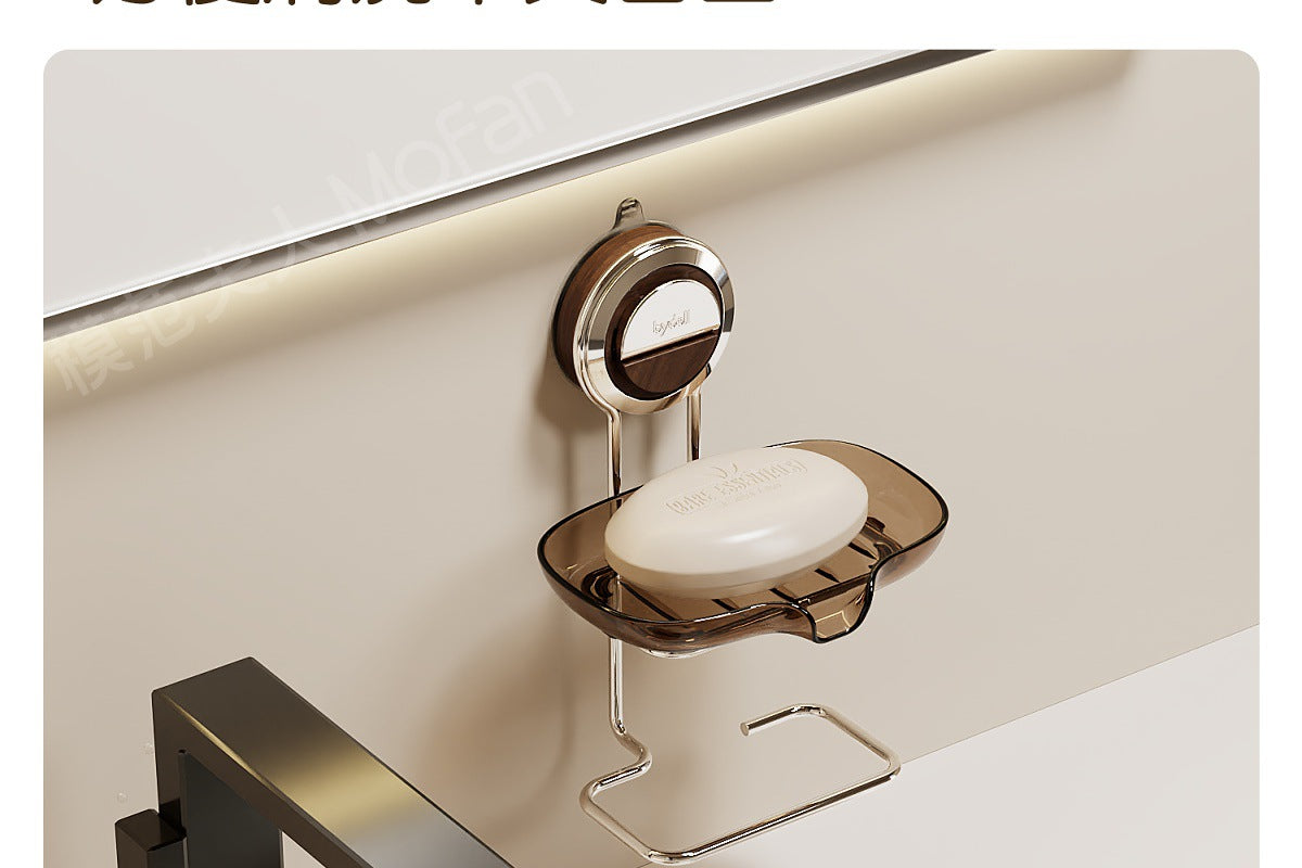 Walnut Wood Suction Cup Soap Holder Wall-Mounted Bathroom No-Drill Storage Rack Soap Box