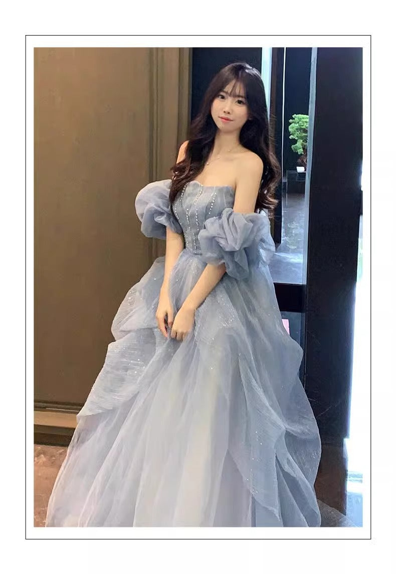 Blue Strapless Dress Puff Skirt Runaway Princess Fairy Dress Light Luxury High-end Evening Dress Host Slim Fit Elegant