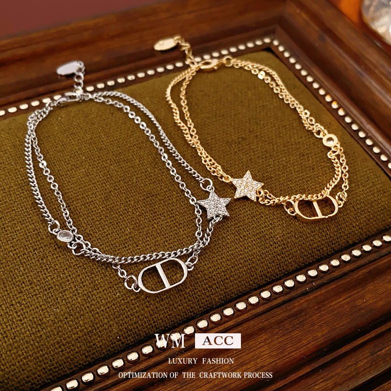 Zircon Star Pig Nose Double Layer Bracelet Niche Light Luxury High-end Versatile Fashion Commuting Vintage Jewelry