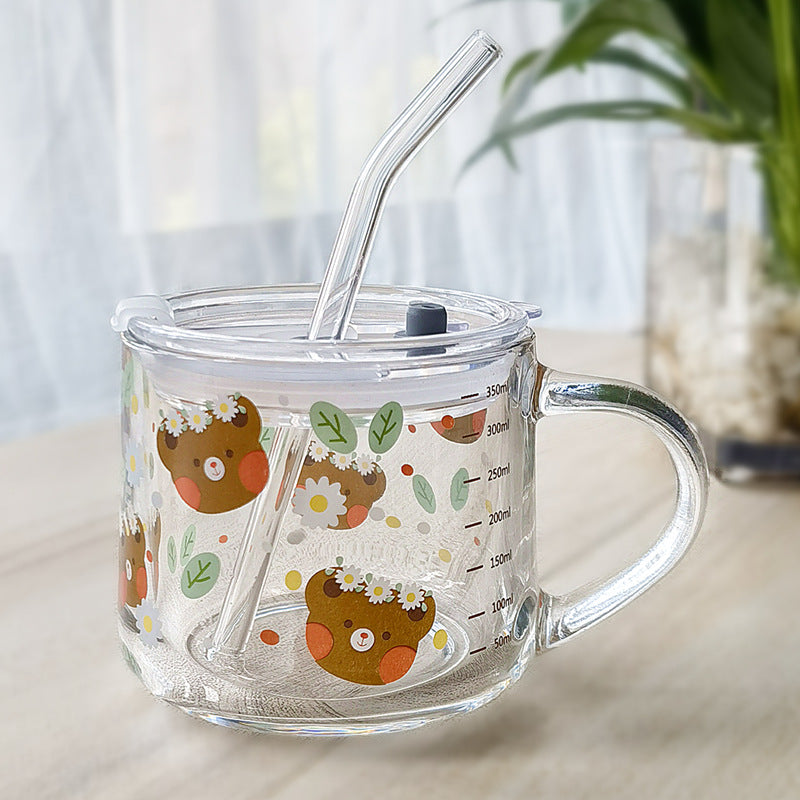 ins Glass Cup with Straw Milk Breakfast Cup Cute Cartoon Graduated Cup with Lid Spoon Gift Customization logo