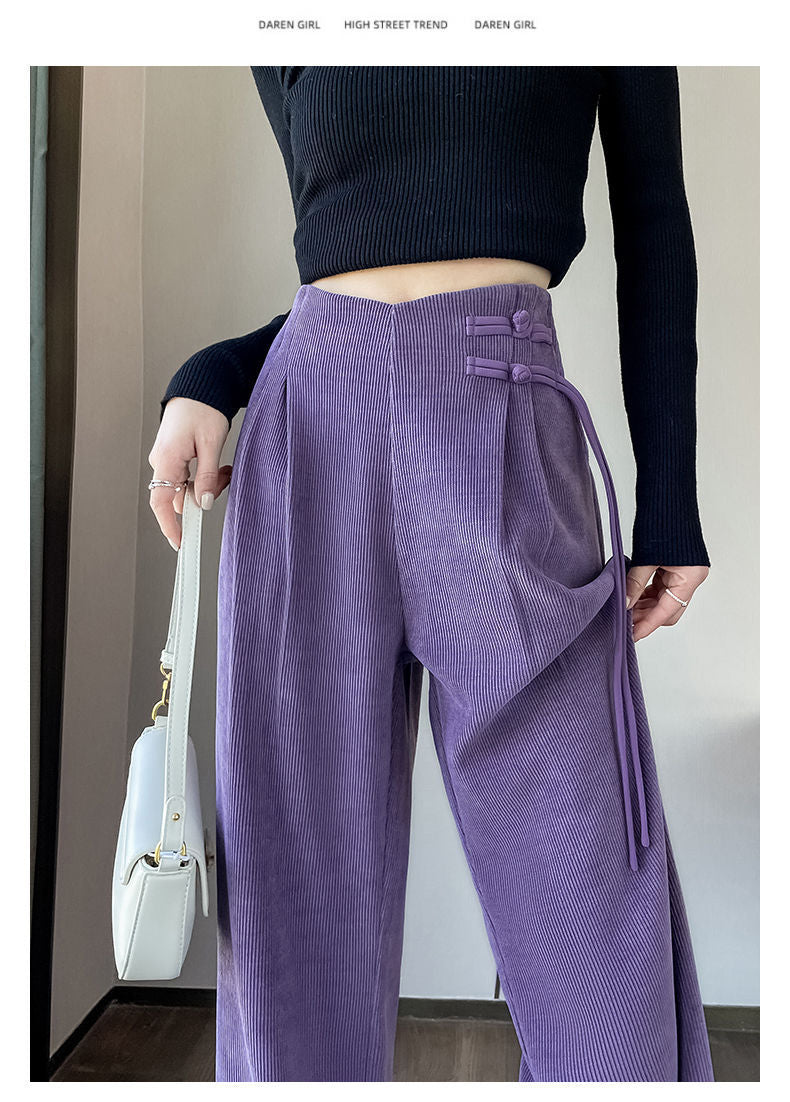 Maillard2025Autumn Winter New Chinese Style Buttoned Fleece Chenille Wide-Leg Pants for Women High Waist Draped Straight-Leg Casual Pants