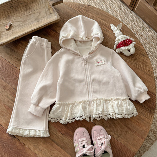Sweet Little Girl Outfit Autumn New Fashionable Children's Lace Hooded Two-Piece Set Jacket Baby Pants
