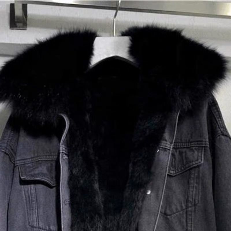 In-stock Short Cotton Jacket2025Winter Fleece-Lined New Cotton Jacket Loose Korean Style Denim Fur Collar Thickened Coat for Women