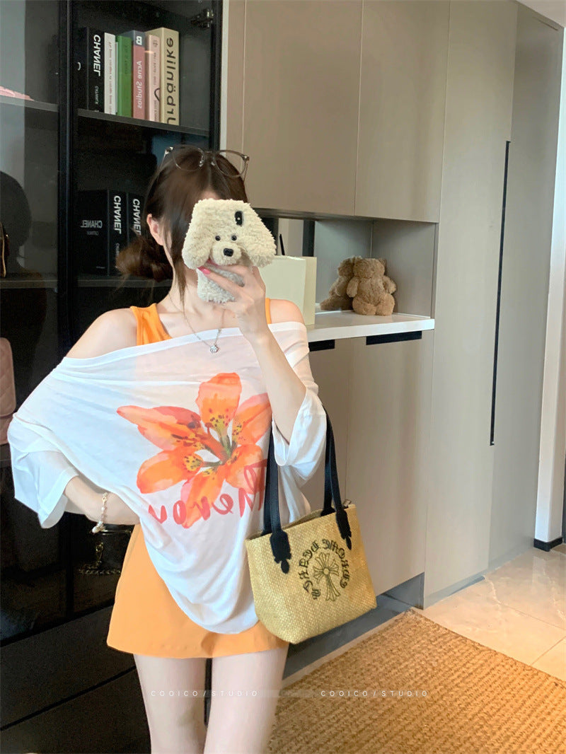 Korean style sweet floral letter print short sleeve T Women's Summer T-shirt2025New off-shoulder design casual top