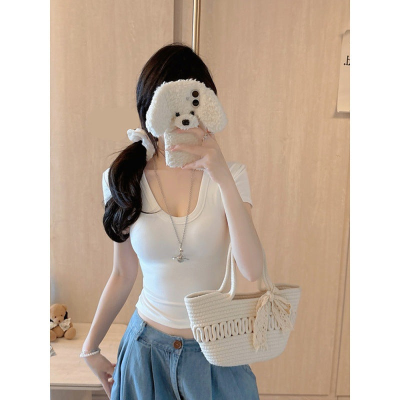 White u Pure Desire Slim Fit Tight Shoulder Short Sleeve t Women's Summer Shirt with Chest Pads Lace Hollow Out Hot Girl Short Top Black