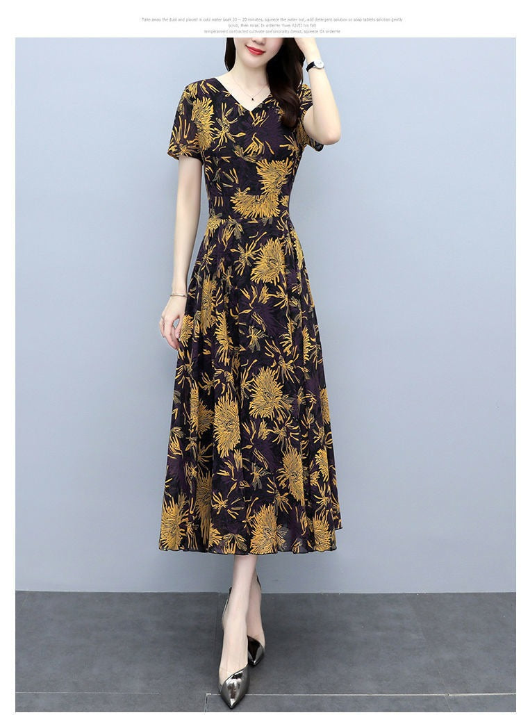 2022Summer New Chiffon Floral Dress Slimming Waist Plus Size Women mm Tummy-Covering Elegant Long Dress