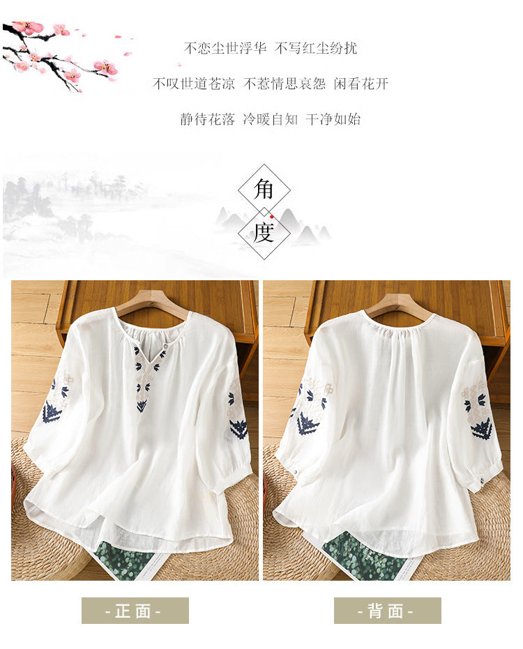 2025Summer New Vacation Ethnic Style Ramie Embroidered Round Neck Shirt for Women Loose Sun Protection Versatile Air Conditioning Shirt