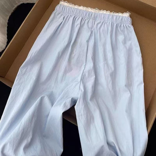 Korean Style hiphop Blue High-Waisted Casual Pants for Women, Spring and Summer Loose Fit, Student Design, Niche Ballet Style Wide-Leg Pants