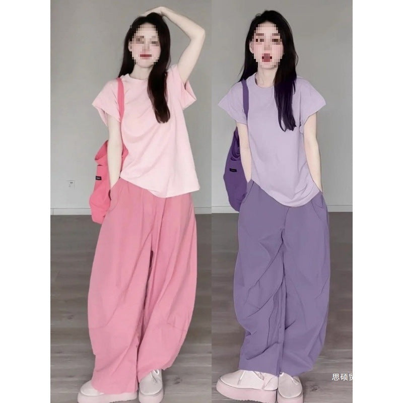 Summer Dopamine Full Set Shirt Wide-Leg Pants Two-Piece Set Lazy Style Fashion Casual Thin Suit for Petite Women